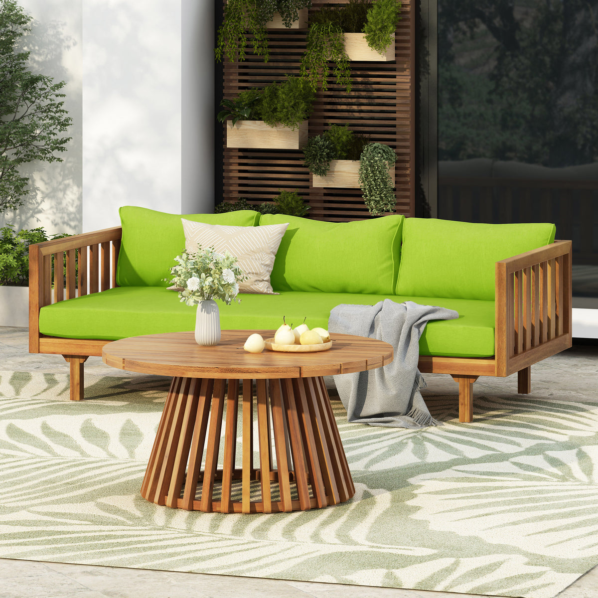 Acacia Wood Outdoor Patio Daybed And Coffee Table Set