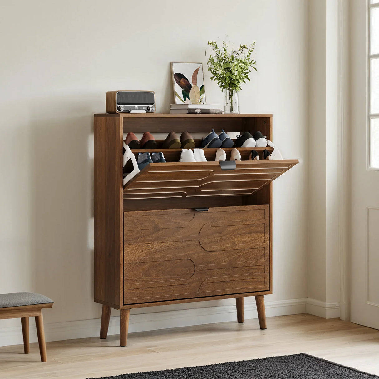 Farmhouse Walnut MDF Shoe Cabinet With Flip Drawers - Omega Lifestyles