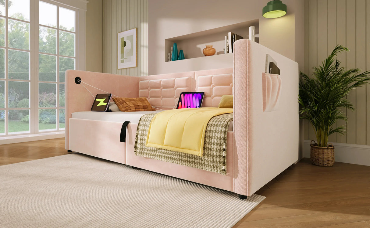 Twin Pink Velvet Upholstered Hydraulic Storage Bed Frame - Omega Lifestyles
