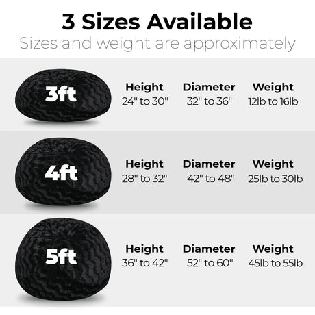 5-Foot Black Faux Fur Memory Foam Bean Bag Chair - Omega Lifestyles