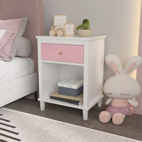 Pink MDF Wooden Nightstand With Drawer And Shelf - Omega Lifestyles