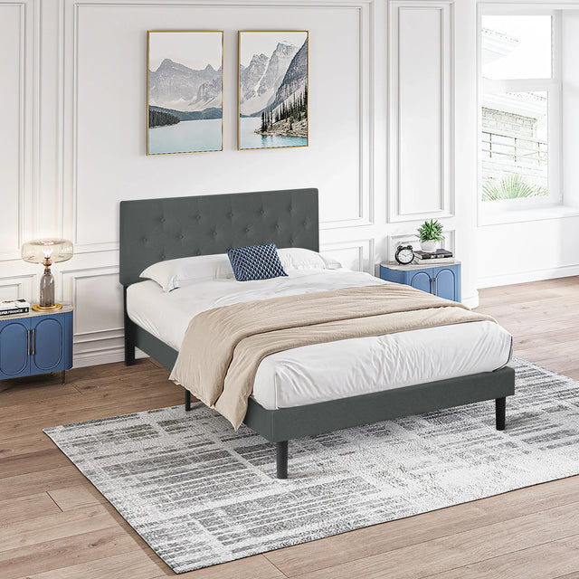 Twin Upholstered Linen Platform Bed Frame With Headboard - Omega Lifestyles