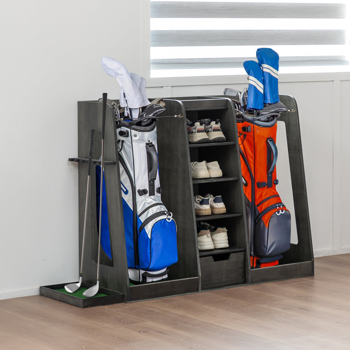 Wooden Golf Bag Organizer Storage Rack With Drawers