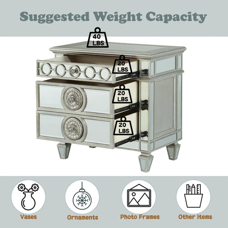 Mirrored Silver Nightstand With Geometric Raised Trim - Omega Lifestyles