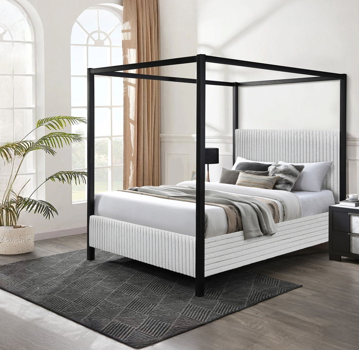 Modern Light Gray Upholstered King Canopy Bed Frame