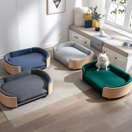 Scandinavian Solid Wood Elevated Pet Sofa Bed With Velvet Cushion - Omega Lifestyles