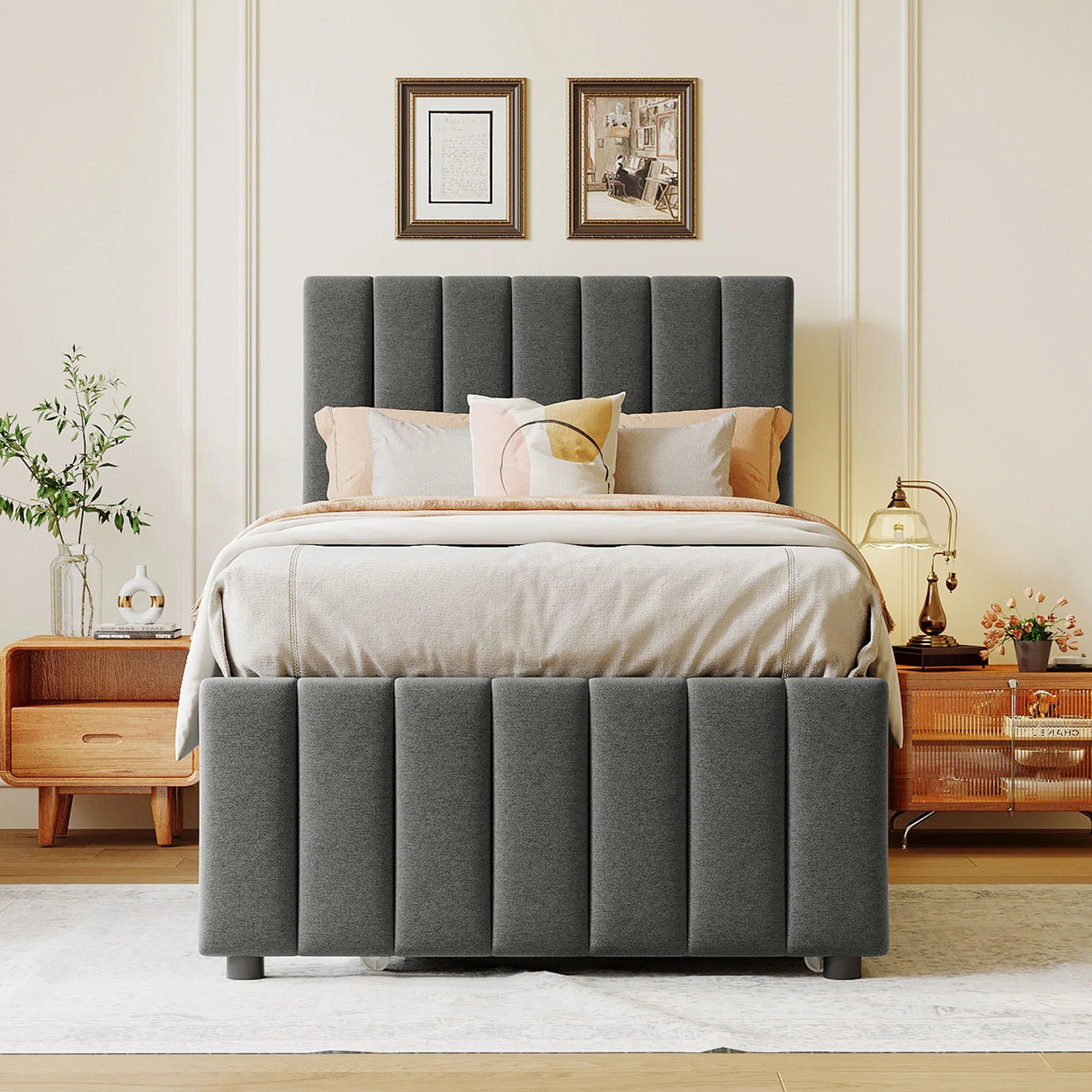 Twin Upholstered Linen Platform Bed With Trundle And Drawers - Omega Lifestyles
