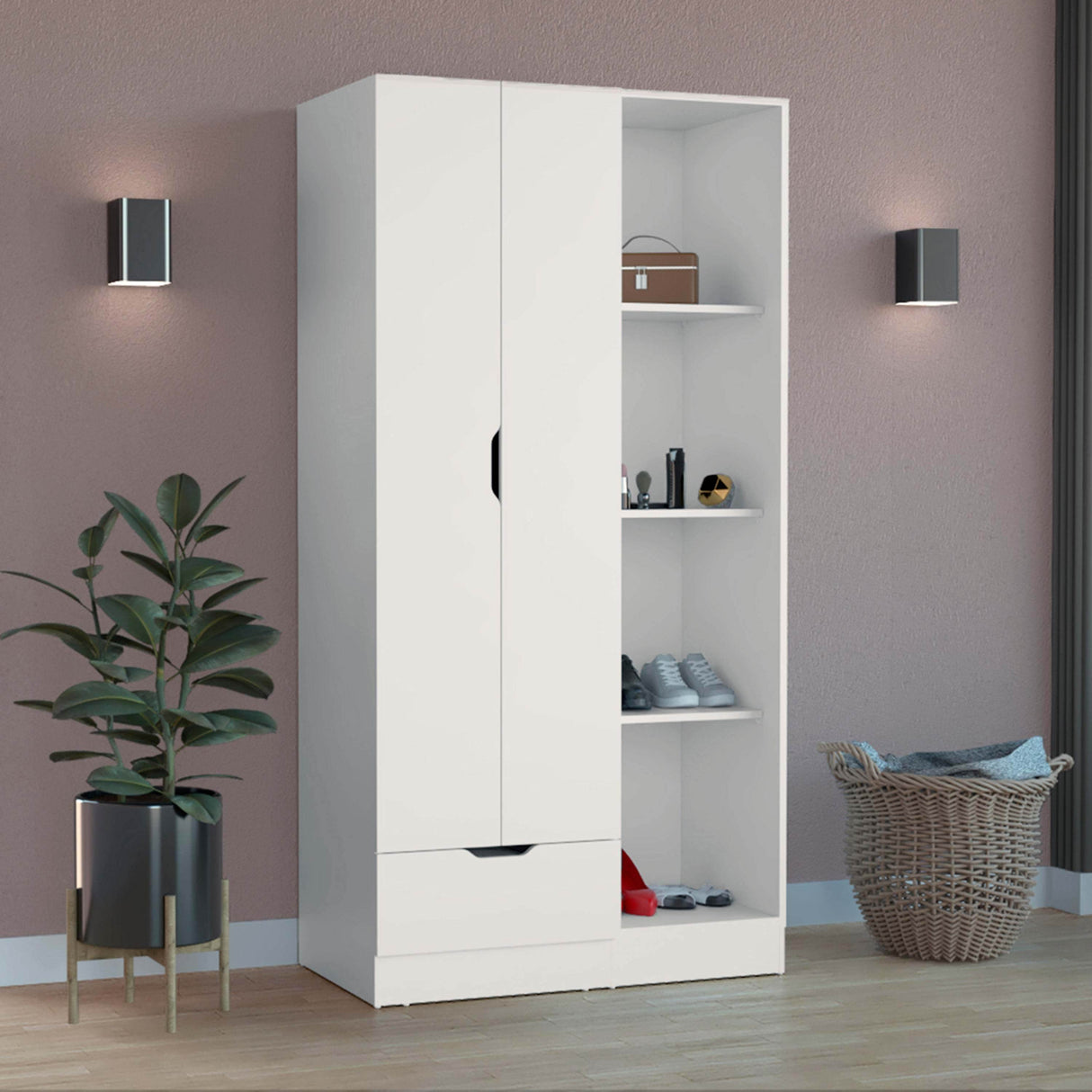 White Engineered Wood Pine Armoire With Drawer And Shelves