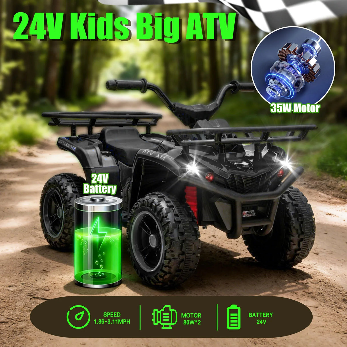 24V High-Power Kids Ride-On ATV With Storage Racks - Omega Lifestyles