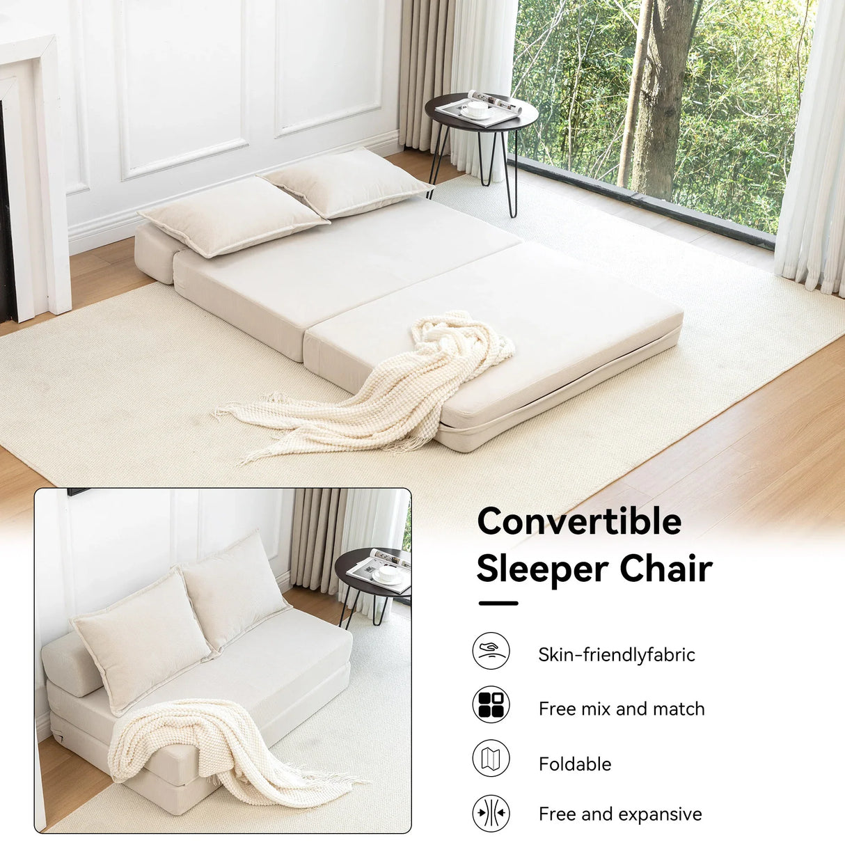 Foldable Corduroy Convertible Sofa Bed With Lumbar Pillow - Omega Lifestyles