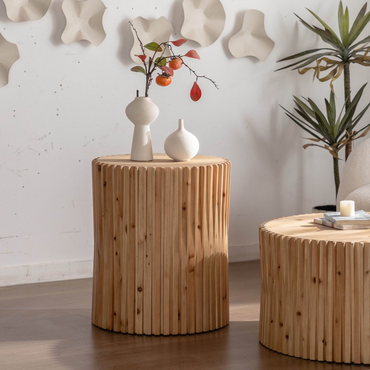 Set of 2 Natural MDF Fir Round Coffee Tables - Omega Lifestyles