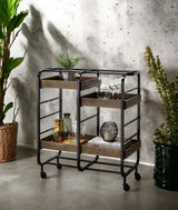 Metal And Wood Rectangular Serving Cart With Adjustable Trays - Omega Lifestyles
