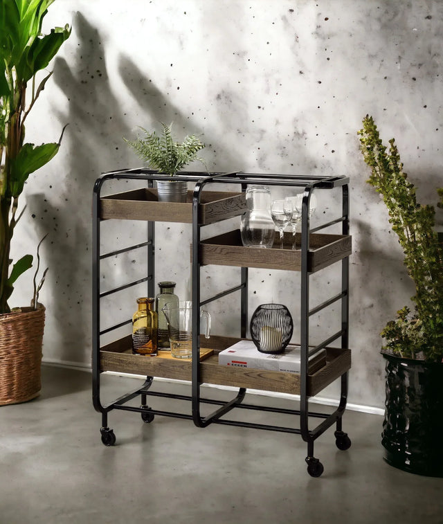 Metal And Wood Rectangular Serving Cart With Adjustable Trays - Omega Lifestyles