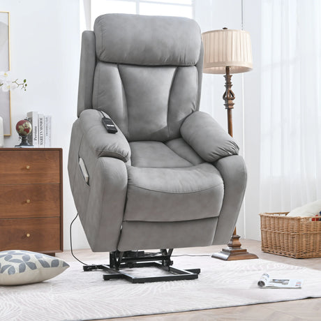 Power Lift Light Gray Fabric Recliner Chair With Remote - Omega Lifestyles