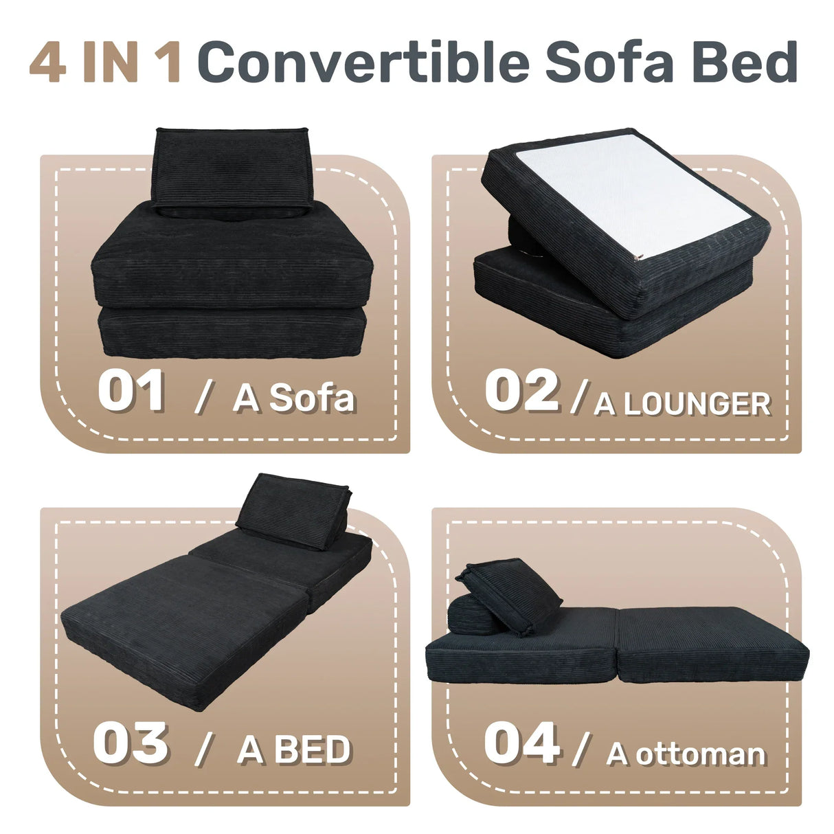 Foldable Corduroy 4-in-1 Folding Sofa Bed Chair - Omega Lifestyles