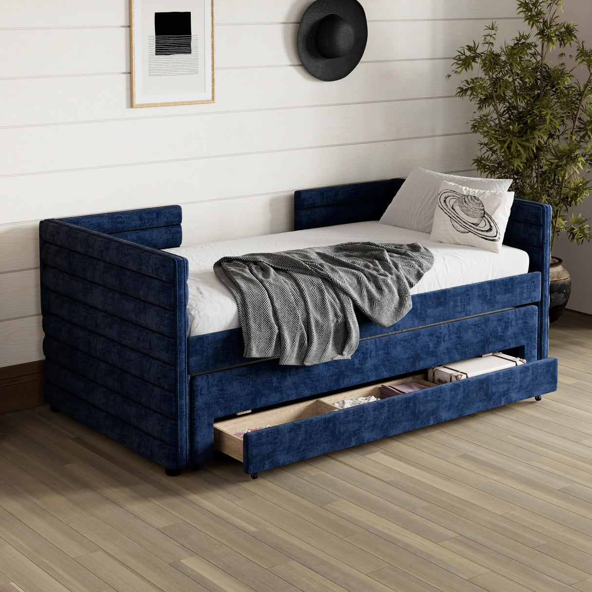 Twin Upholstered Daybed With Trundle And Storage Drawers - Omega Lifestyles