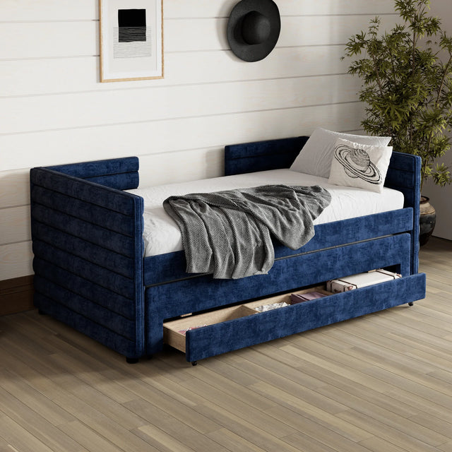 Twin Upholstered Daybed With Trundle And Storage Drawers - Omega Lifestyles