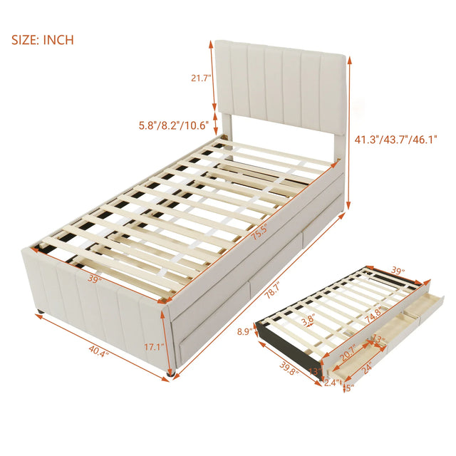 Twin Upholstered Platform Bed With Trundle And Drawers - Omega Lifestyles