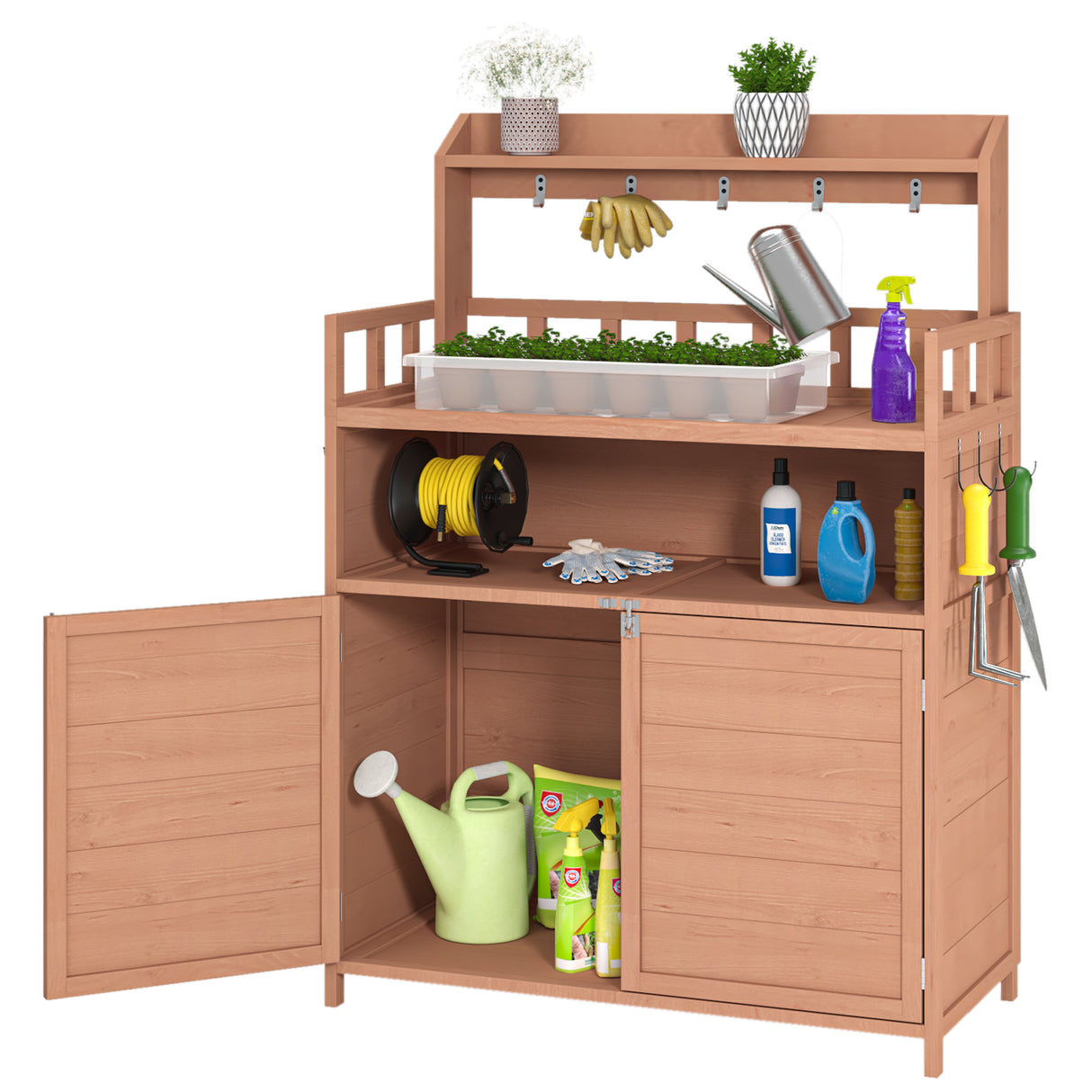 Classic Solid Wood Outdoor Potting Bench With Storage Cabinet