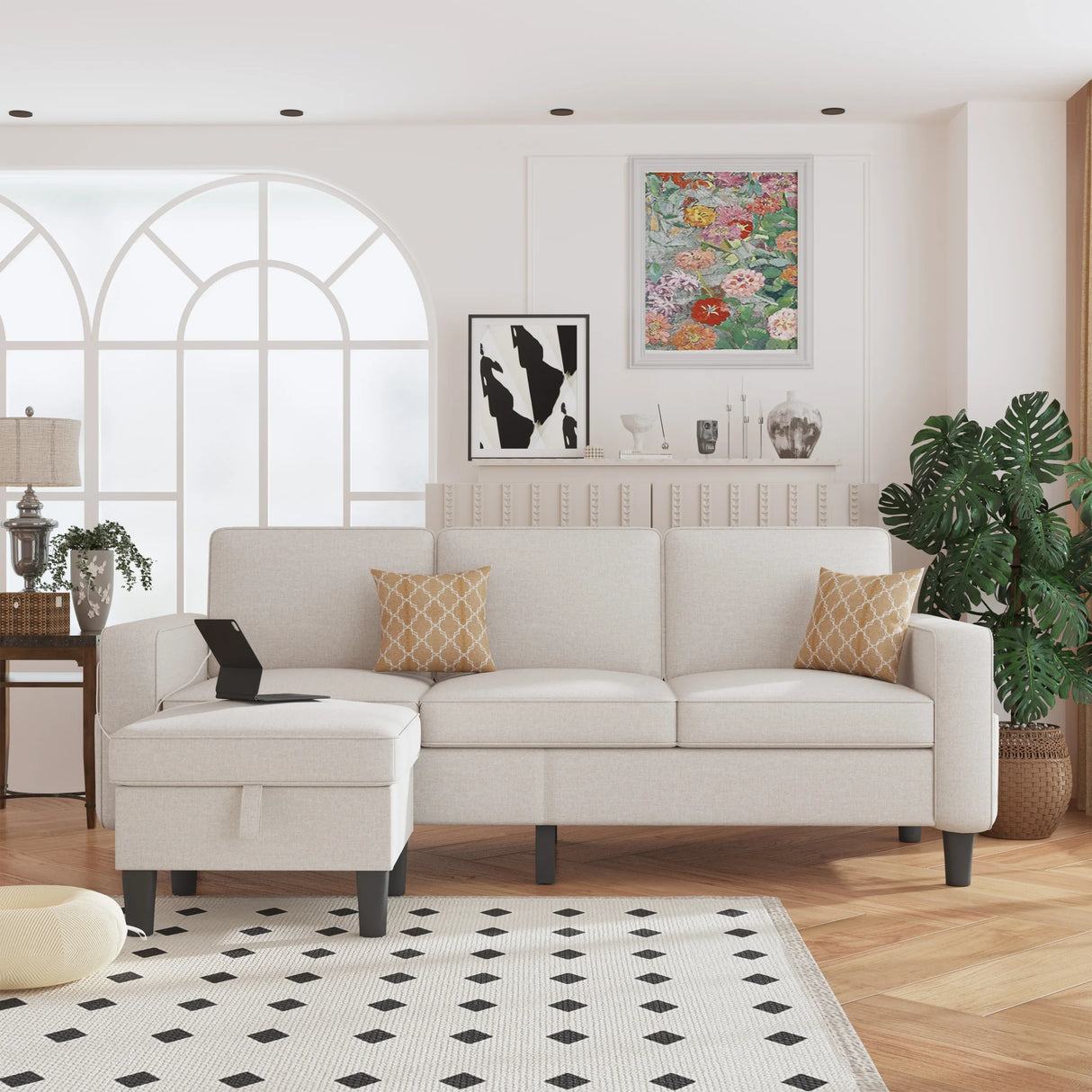 Beige Reversible Modular Sectional Sofa With Storage Ottoman - Omega Lifestyles