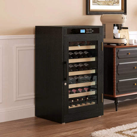 Black Wood Tempered Glass Wine Cooler With Touch Display - Omega Lifestyles