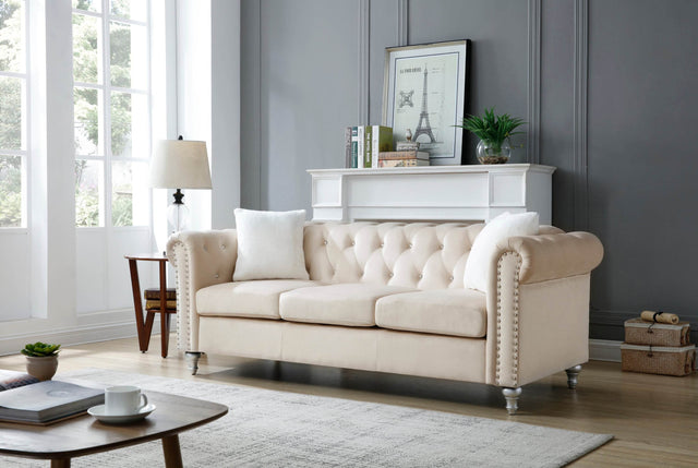 Velvet Foam Filled Tufted Three-Seat Sofa - Omega Lifestyles