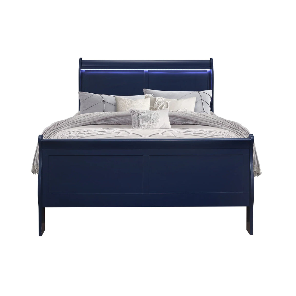 Full Blue Solid Wood Sleigh Bed With LED Headboard - Omega Lifestyles