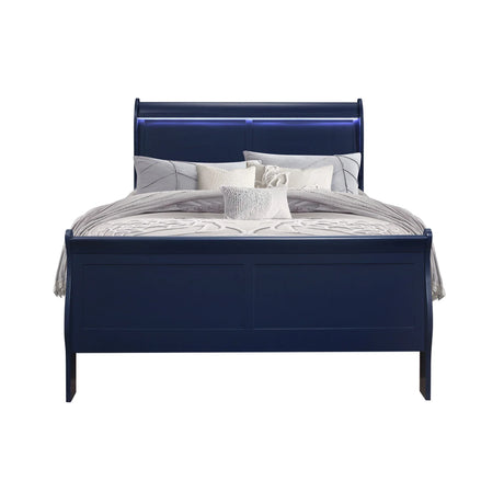 Full Blue Solid Wood Sleigh Bed With LED Headboard - Omega Lifestyles