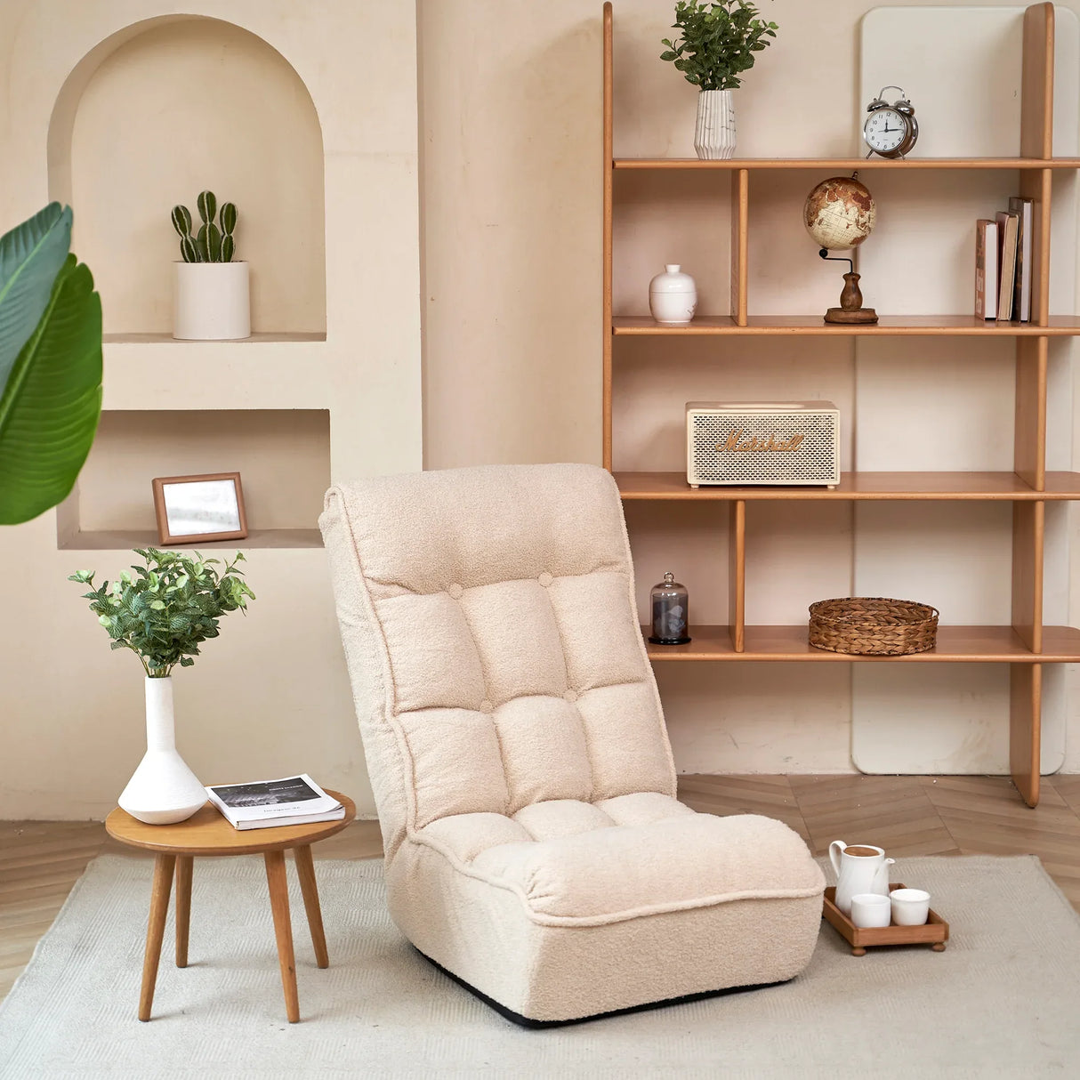 Adjustable White Japanese-Style Reclining Folding Floor Chair - Omega Lifestyles