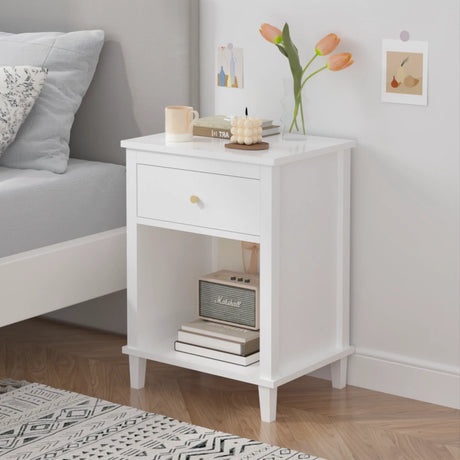 White MDF Kids Wooden Nightstand With Drawer Shelf - Omega Lifestyles