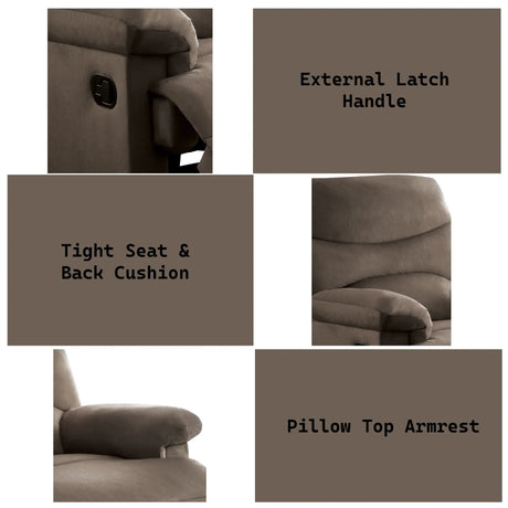 Light Brown Fabric Motion Recliner With Plush Pillow-Top Arms - Omega Lifestyles