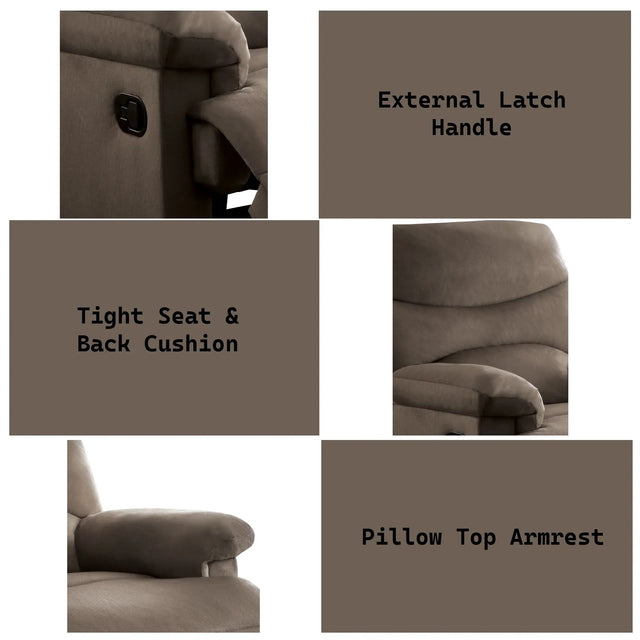 Light Brown Fabric Motion Recliner With Plush Pillow-Top Arms - Omega Lifestyles