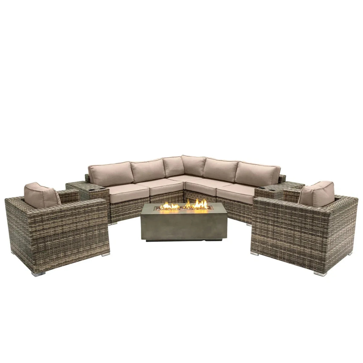 6-Person Grey Wicker Outdoor Seating Set With Fire Pit - Omega Lifestyles