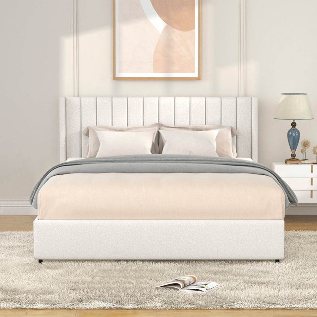 Ivory Boucle Upholstered Bed Frame With Two Drawers - Omega Lifestyles