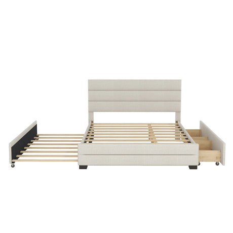 Queen Upholstered Platform Bed With Twin Trundle And Storage Drawers - Omega Lifestyles