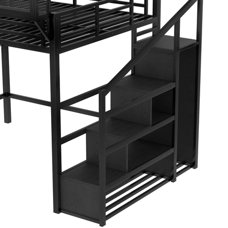 Queen Metal Loft Bed With Storage Stairs USB LED Lighting - Omega Lifestyles