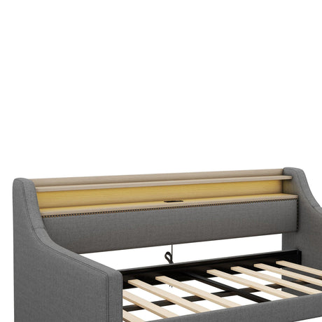 Twin Linen Upholstered Daybed With Storage Drawers Charging Station - Omega Lifestyles