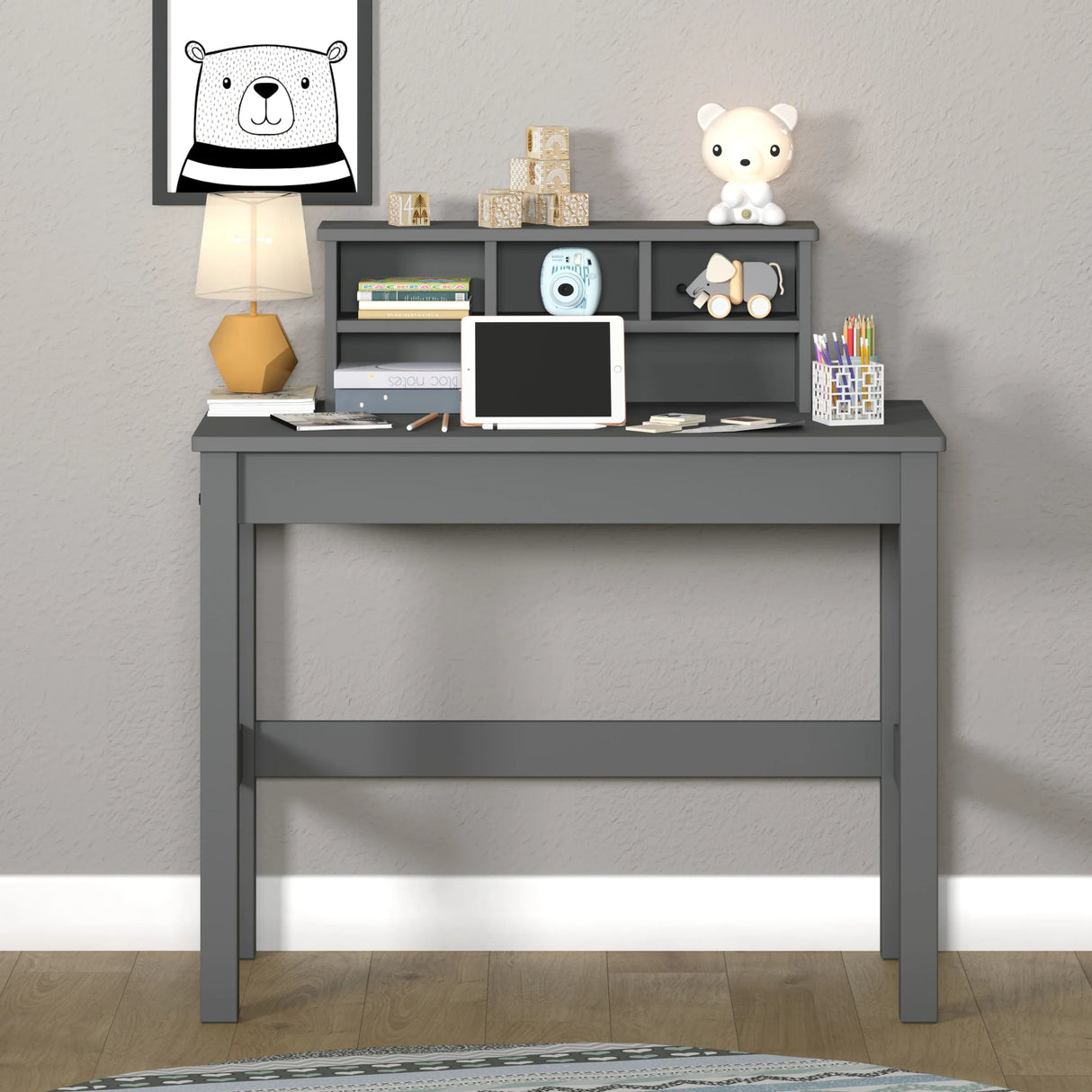 Gray Wood Rectangular Writing Desk With Hutch Storage - Omega Lifestyles