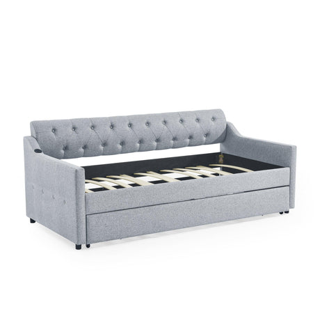 Twin Linen Upholstery Daybed With Erectable Trundle USB Charging - Omega Lifestyles