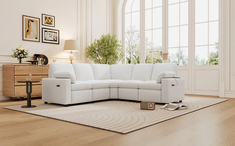 Beige Linen Fabric Power Recliner Sectional Sofa With USB Ports - Omega Lifestyles