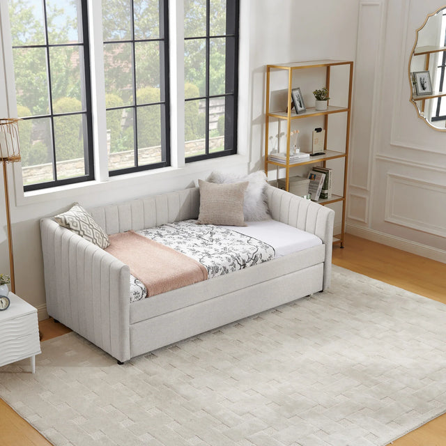Twin Upholstered Linen Daybed With Functional Trundle - Omega Lifestyles
