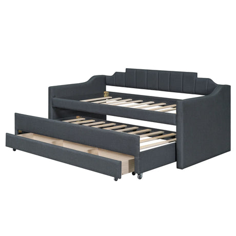 Twin Upholstered Linen-Blend Daybed With Trundle Drawers - Omega Lifestyles