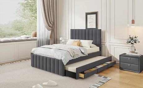 Full Size Upholstered Linen Platform Bed With Trundle Drawers - Omega Lifestyles