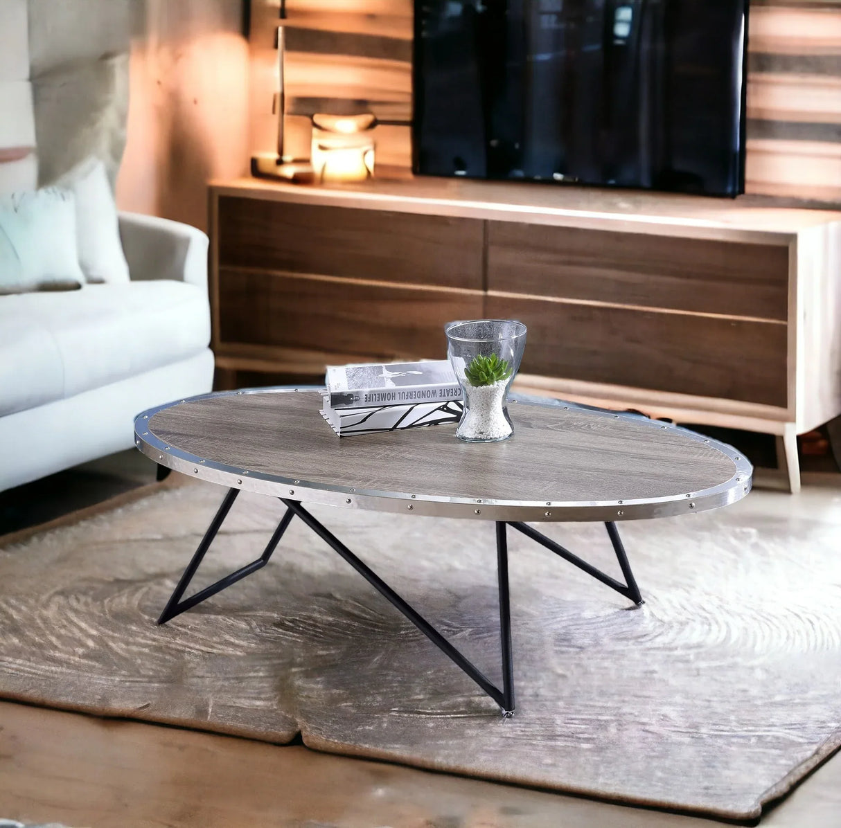 Industrial Oval Wood Top Metal Base Coffee Table - Omega Lifestyles