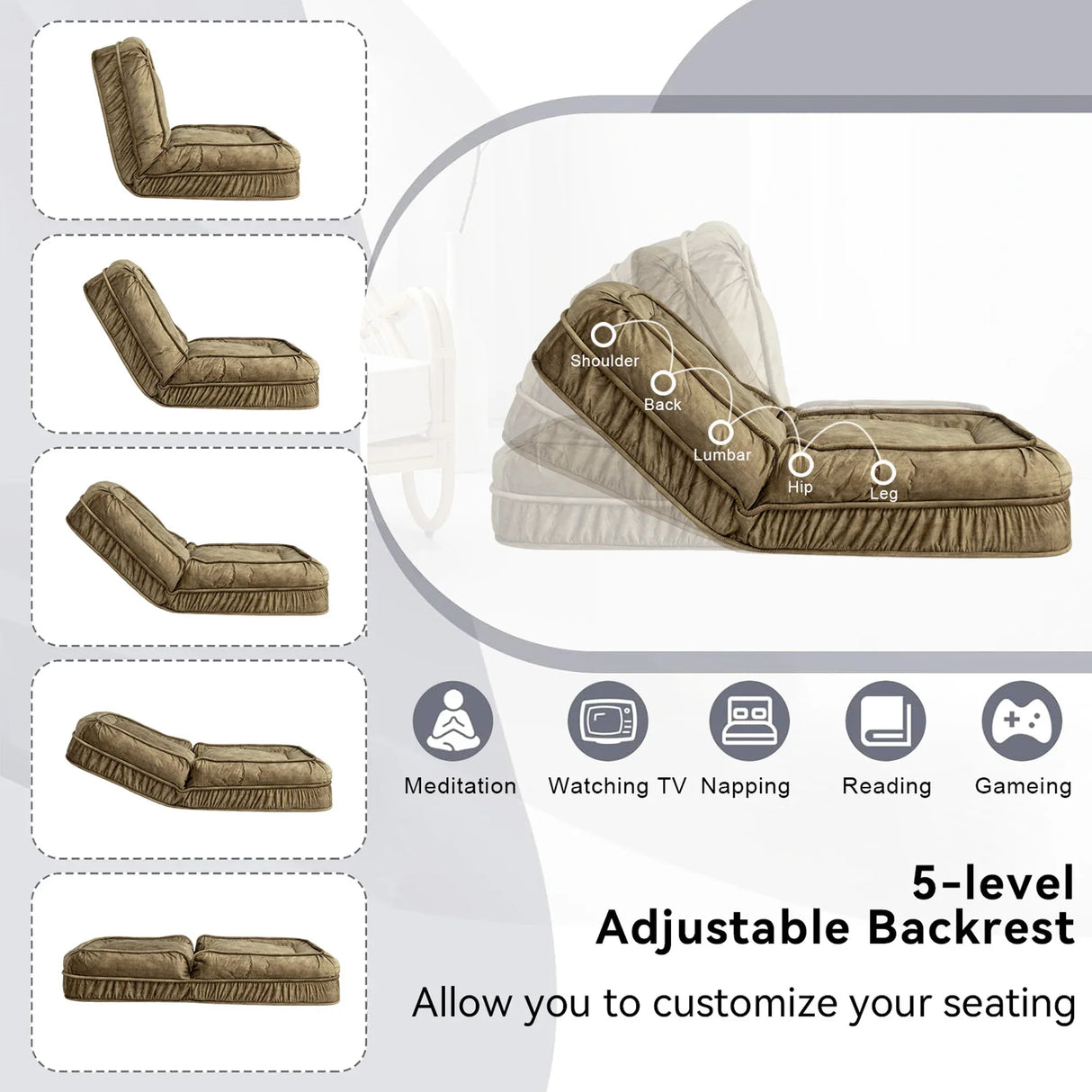 Adjustable Velvet Upholstered Floor Sofa With Massage Pillow - Omega Lifestyles