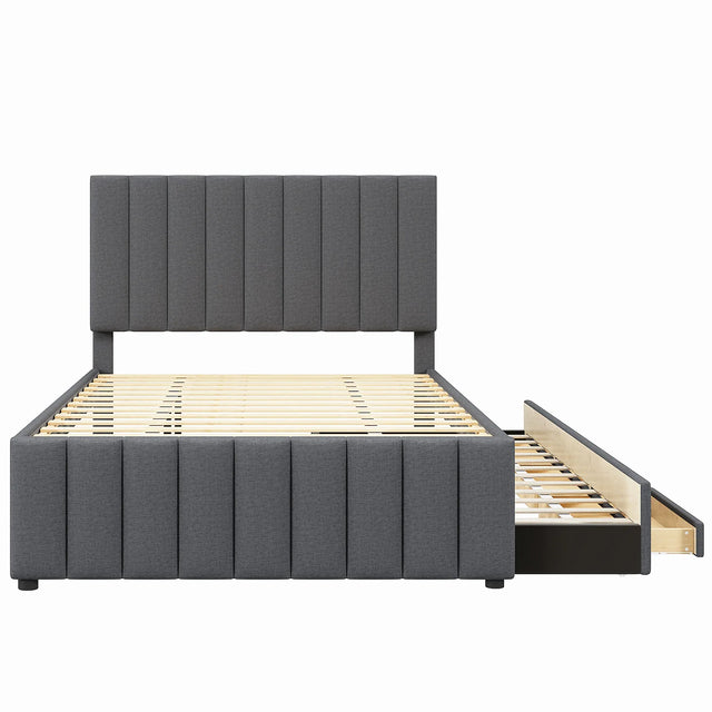 Full Size Upholstered Linen Platform Bed With Trundle Drawers - Omega Lifestyles
