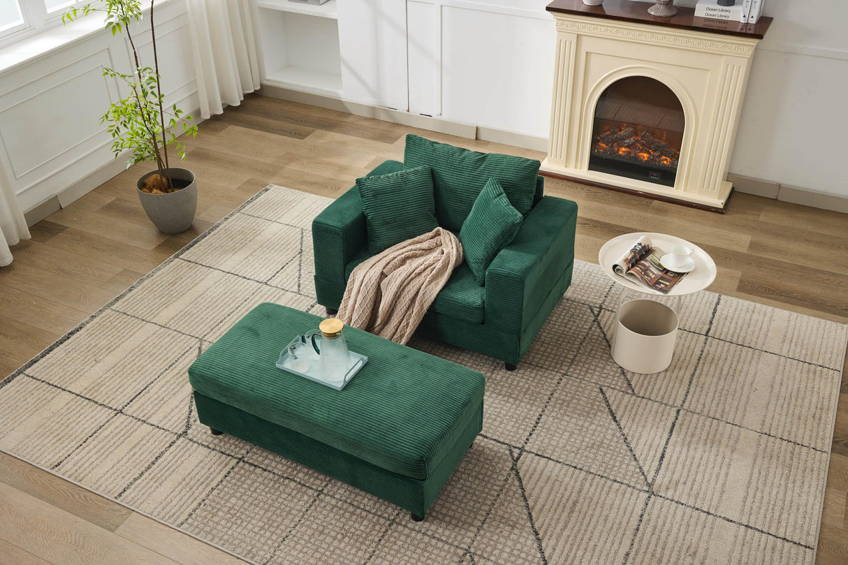 Green Corduroy Chaise Lounge Chair With Ottoman - Omega Lifestyles