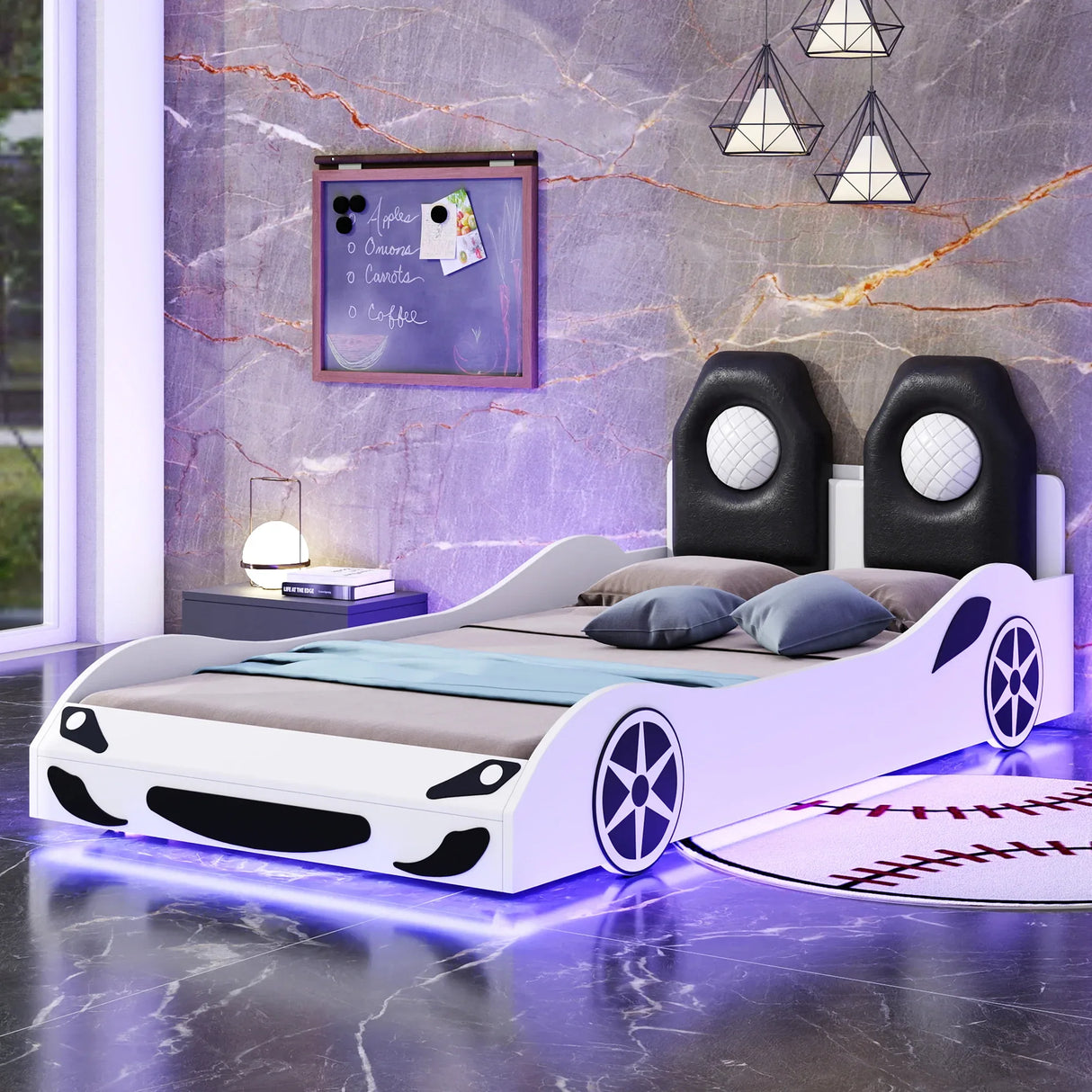 Twin Race Car-Shaped Wood Platform Bed With LED - Omega Lifestyles