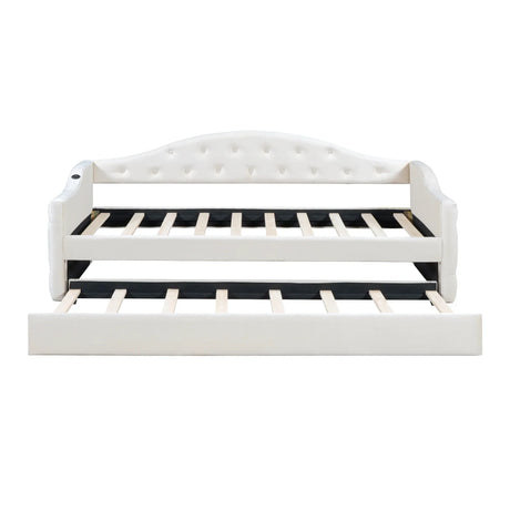 Twin Velvet Tufted Upholstered Daybed With Trundle And USB Charging - Omega Lifestyles