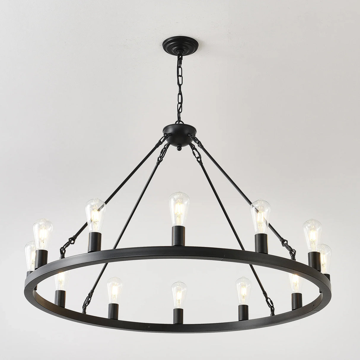 Farmhouse Matte Black Wagon Wheel 12-Light Chandelier - Omega Lifestyles